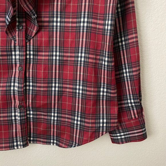 Tuckernuck Top Womens Large Red Eileen Plaid V-Neck Ruffle Button Down Shirt - Picture 7 of 13